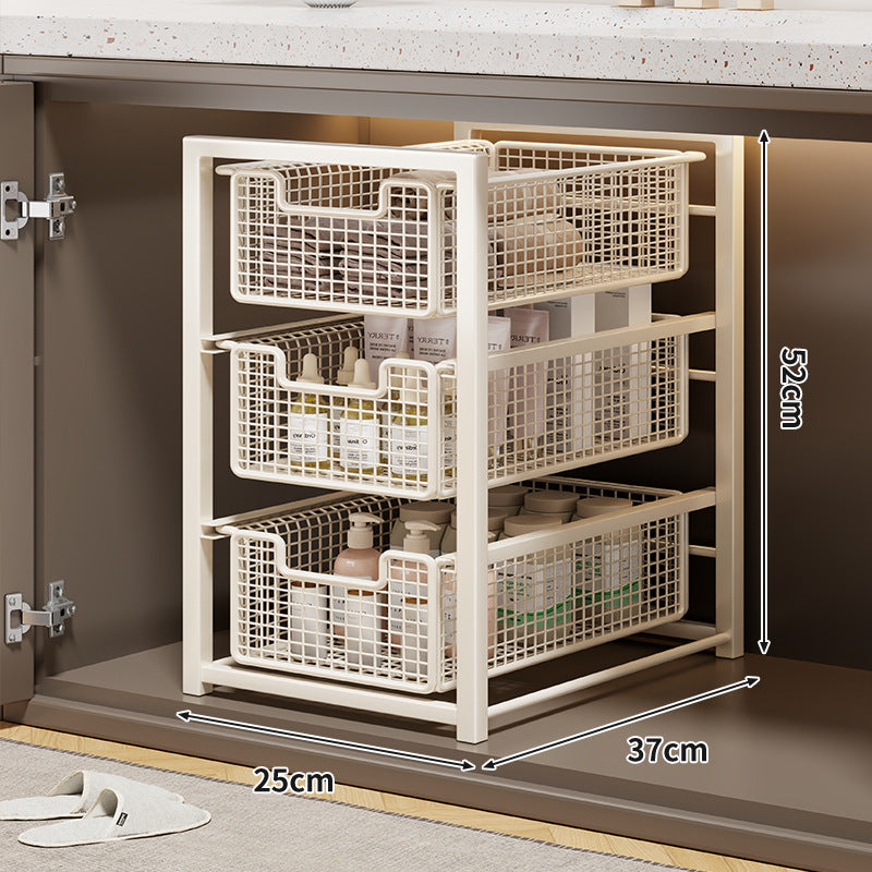 Under-Cabinet Sliding Three-Tier Mesh Basket Organizer with Removable Bins