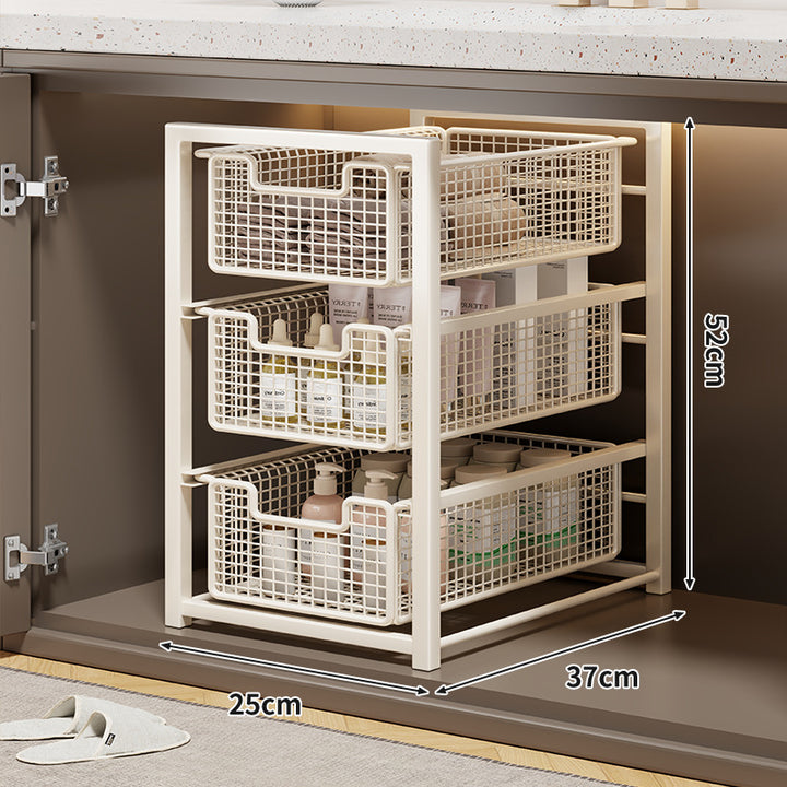 Under-Cabinet Sliding Three-Tier Mesh Basket Organizer with Removable Bins