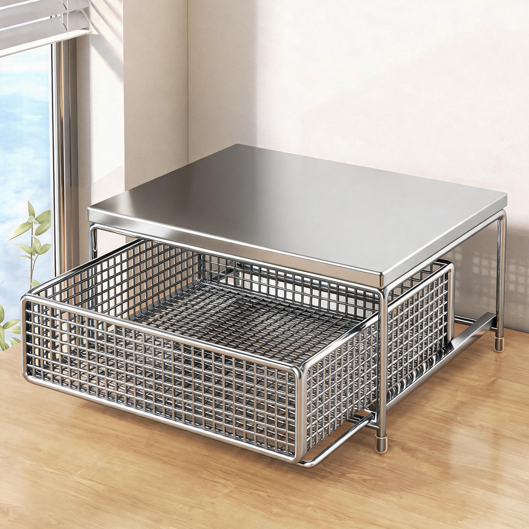 Countertop Wooden-Top Sliding Mesh Storage Basket Organizer with Metal Frame