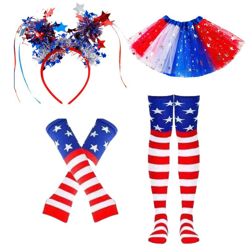 Women's nan patriotic tulle layered mini skirt headband arm sleeves and thigh high socks set Kalsten