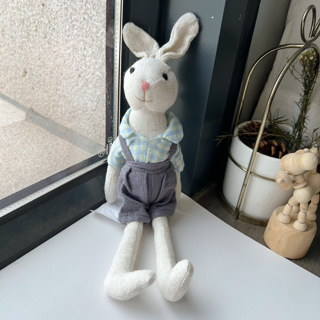 Handcrafted Linen Elephant Plush Doll with Striped Ruffle Collar and Soft Romper