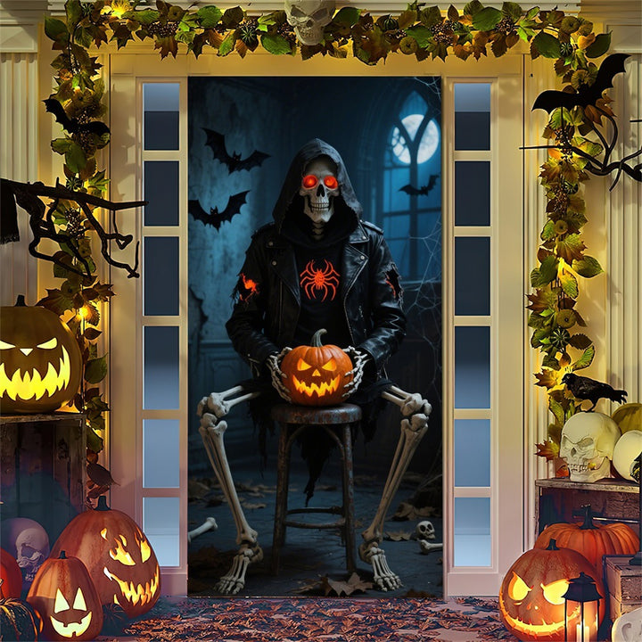 Halloween door poster with large-format Grim Reaper illustration and reusable PVC tarp fabric