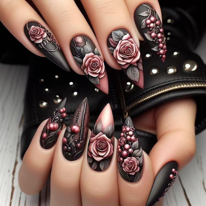 Artificial nails with detailed rose design Kalsten