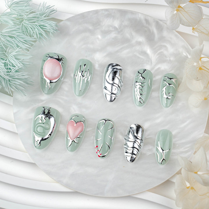 Artistic Press-On Nail Art Set with Silver and Crystal Accents Kalsten