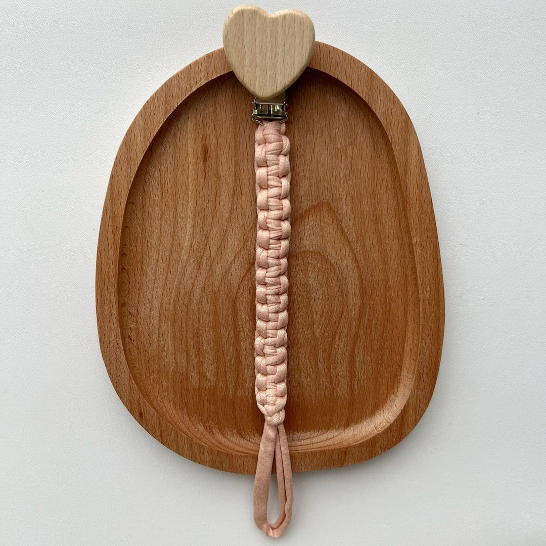 Braided Cotton Pacifier and Teether Clip with Heart Wooden Safety Clamp