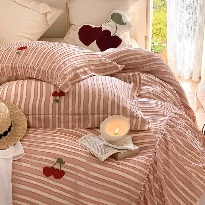 Striped bedding set made of cotton satin with cherry embroidery and ruffled edge