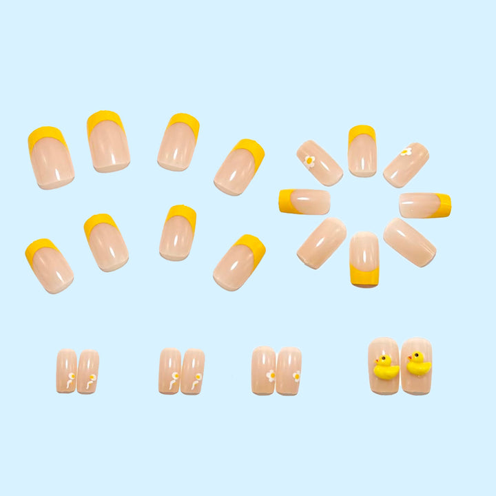 Artificial nails with playful duck design and summery color gradient Kalsten