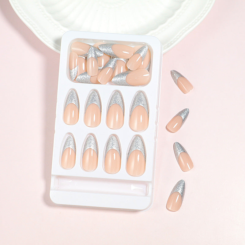 Elegant Glossy Almond-Shaped Press-On Nails with Silver Glitter Tips Kalsten