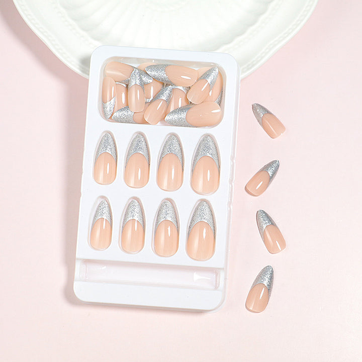 Elegant Glossy Almond-Shaped Press-On Nails with Silver Glitter Tips Kalsten