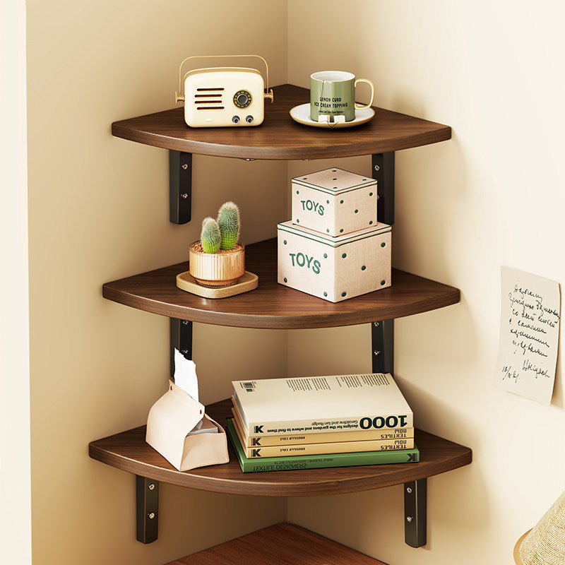 Corner Floating Wall Shelf with Curved Triangular Wooden Top and Heavy-Duty Metal Brackets