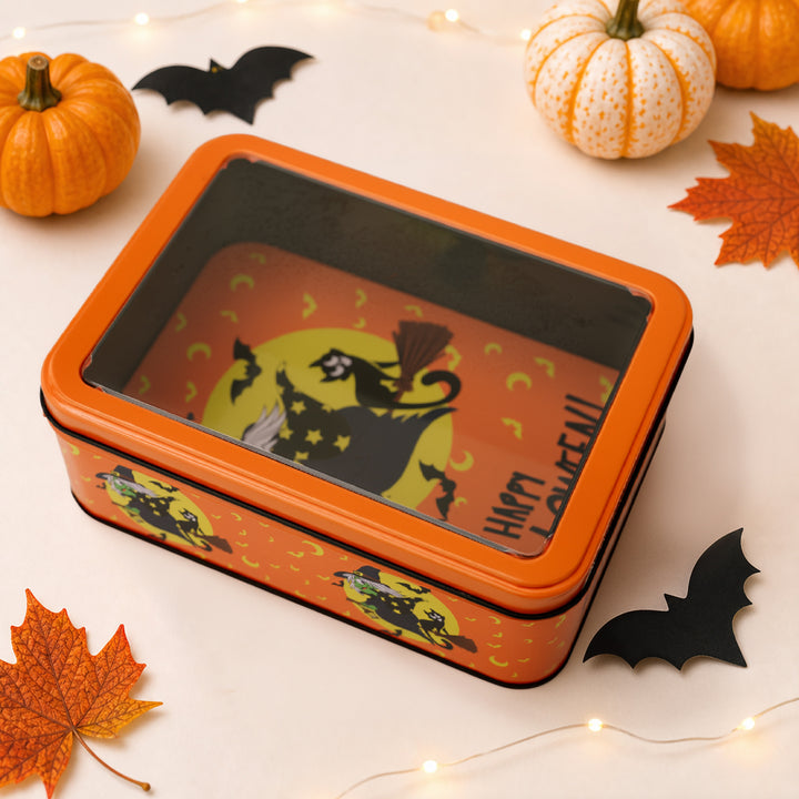 Halloween Metal Box with Viewing Window and Witch Motif