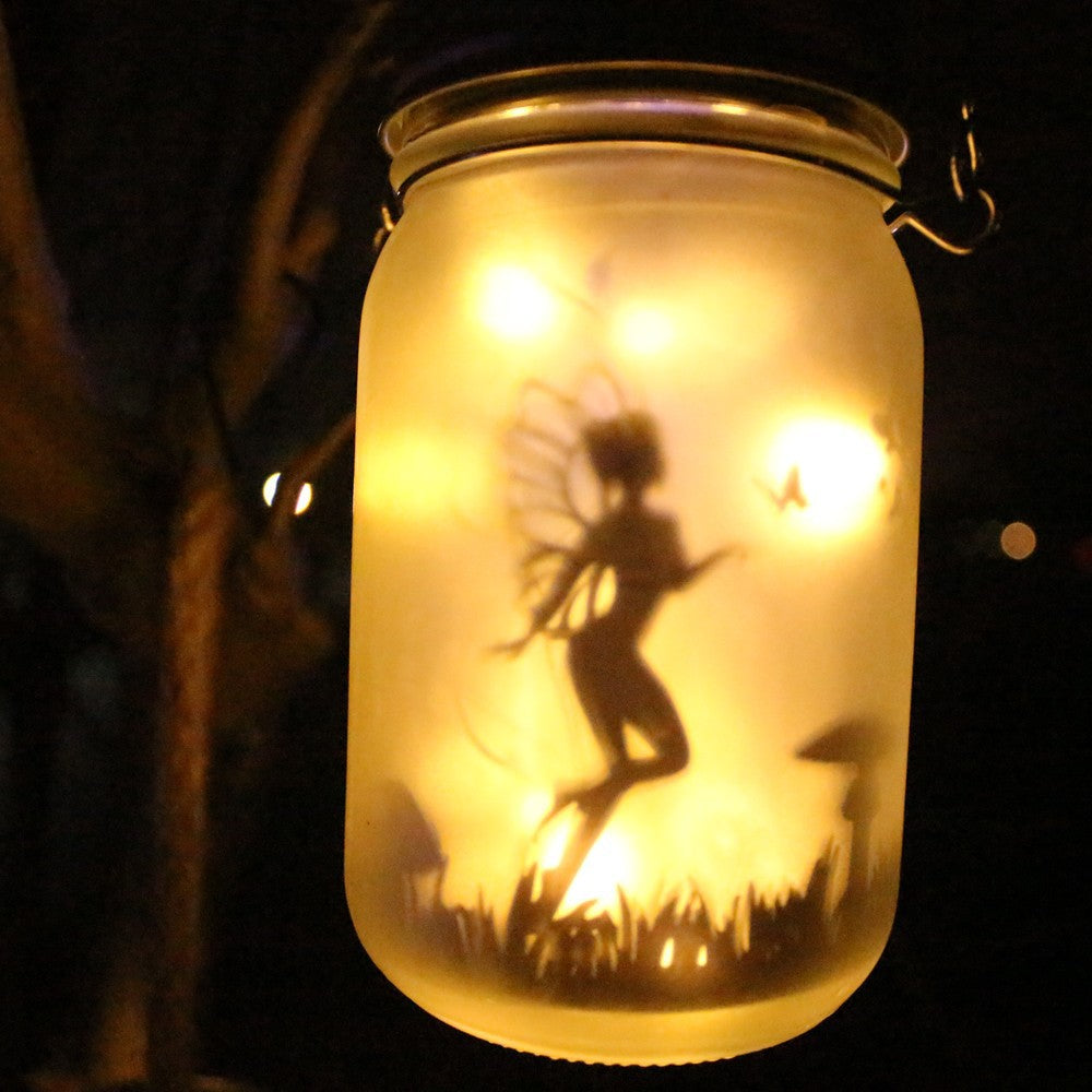 Solar Powered Frosted Fairy Silhouette Mason Jar Lantern With Multicolor LEDs Kalsten