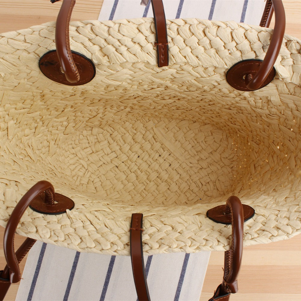 Handmade beach bag with brown leather handles Kalsten
