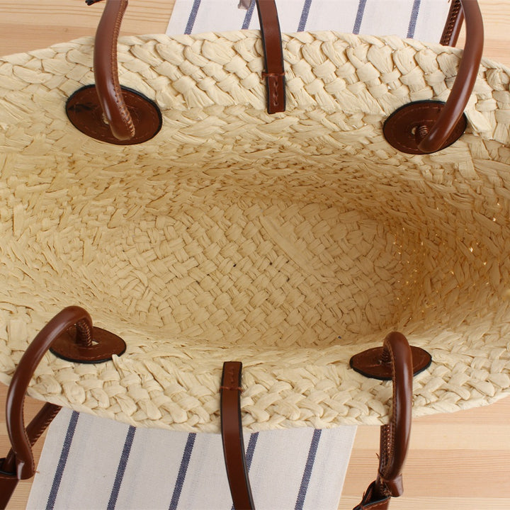 Handmade beach bag with brown leather handles Kalsten
