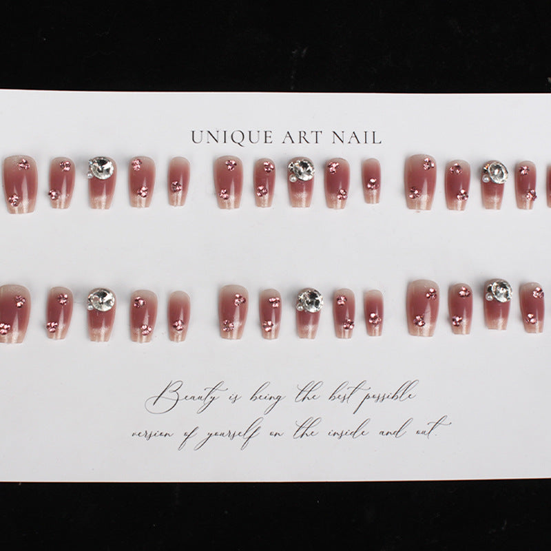 Elegant Press-On Nail Set with Rhinestone Embellishts