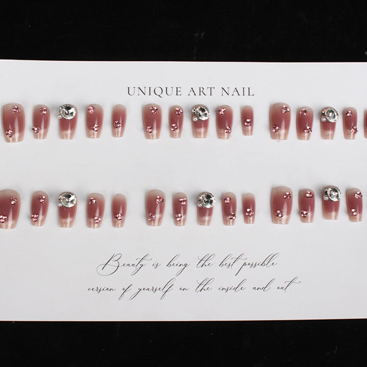 Elegant Press-On Nail Set with Rhinestone Embellishts