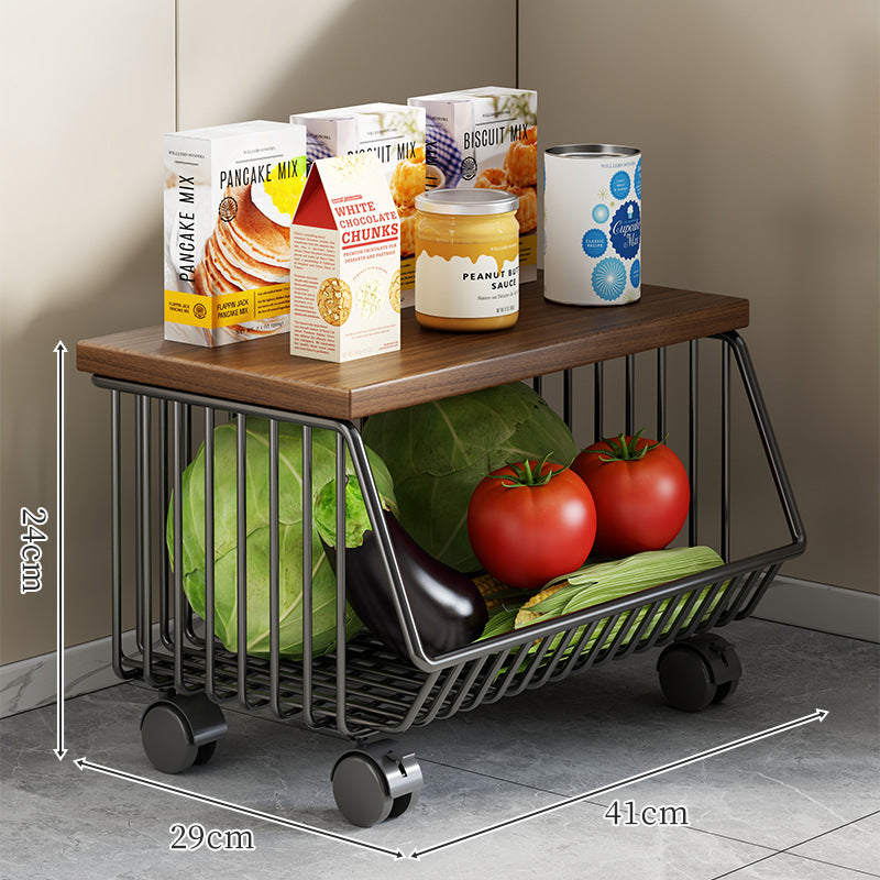 Countertop Wooden Top Metal Wire Fruit and Vegetable Storage Rack