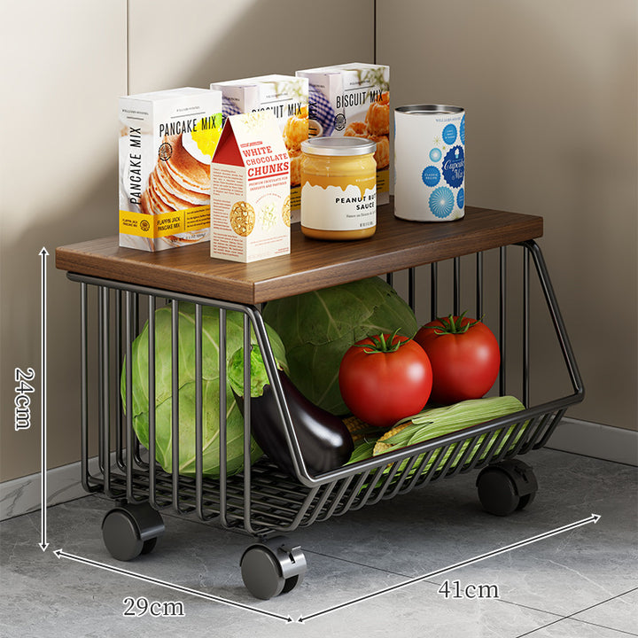 Countertop Wooden Top Metal Wire Fruit and Vegetable Storage Rack