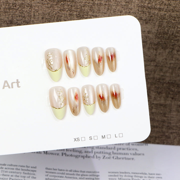 Elegant Press-On Nail Set with Floral Gold Accents Kalsten