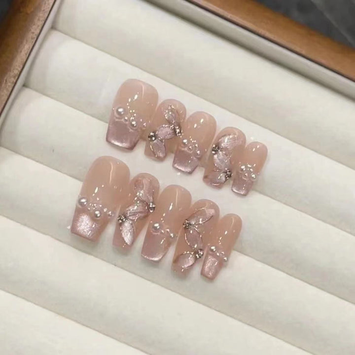 Artistic Floral Press-On Nail Set with Pearl Accents Kalsten