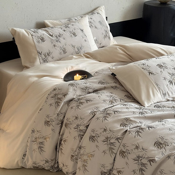Satin bedding set with fine bamboo leaf print and silky soft finish