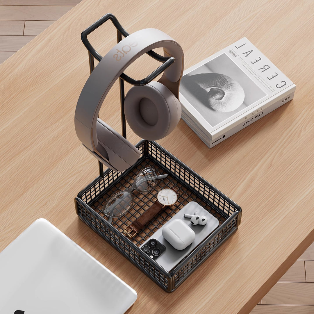 Overhead Headphone Stand with Integrated Wire Mesh Storage Tray and Vertical Metal Support