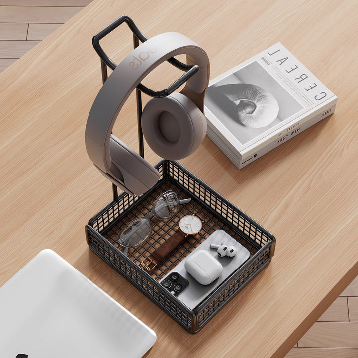 Overhead Headphone Stand with Integrated Wire Mesh Storage Tray and Vertical Metal Support