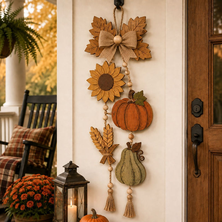 Autumn wall hanging garland in wood look with pumpkin, sunflower and tassels