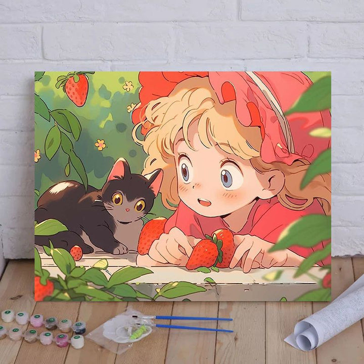 Cartoon Cat and Girl Themed Canvas Paint by Numbers Art Kit Kalsten