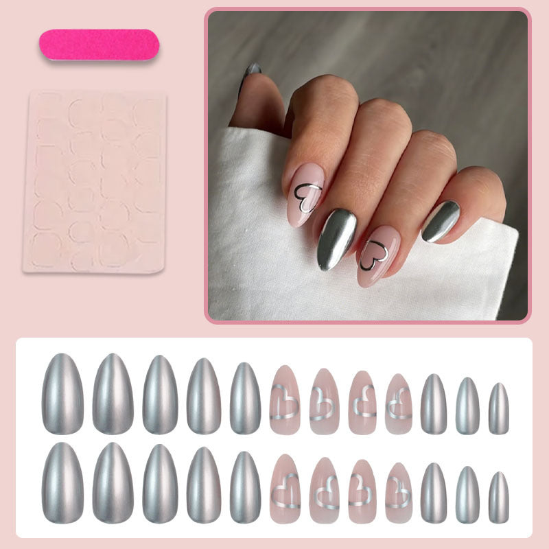 Artificial nail set with luxurious silver finish and heart motifs Kalsten
