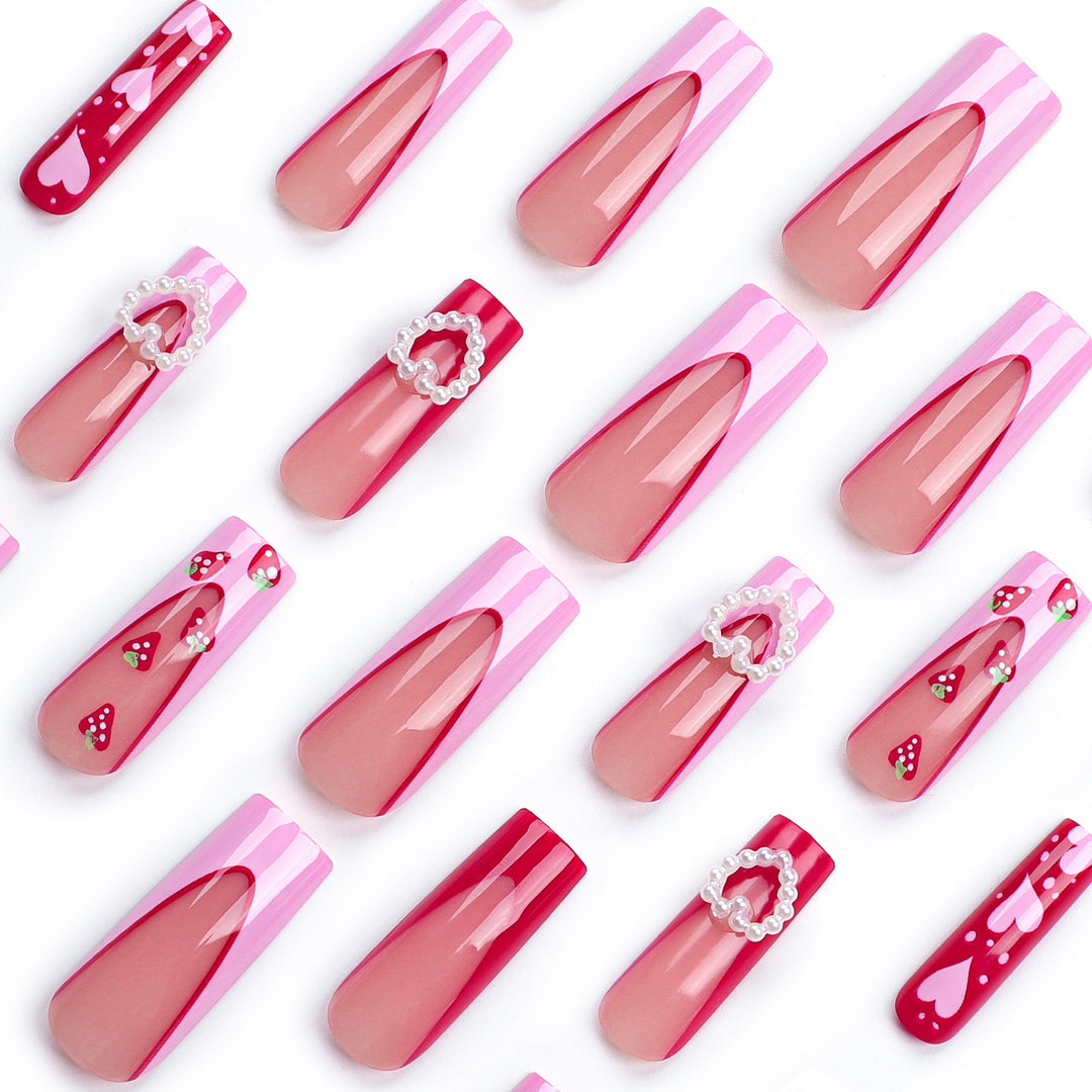 Artistic Nail Extensions with Heart and Strawberry Design Kalsten