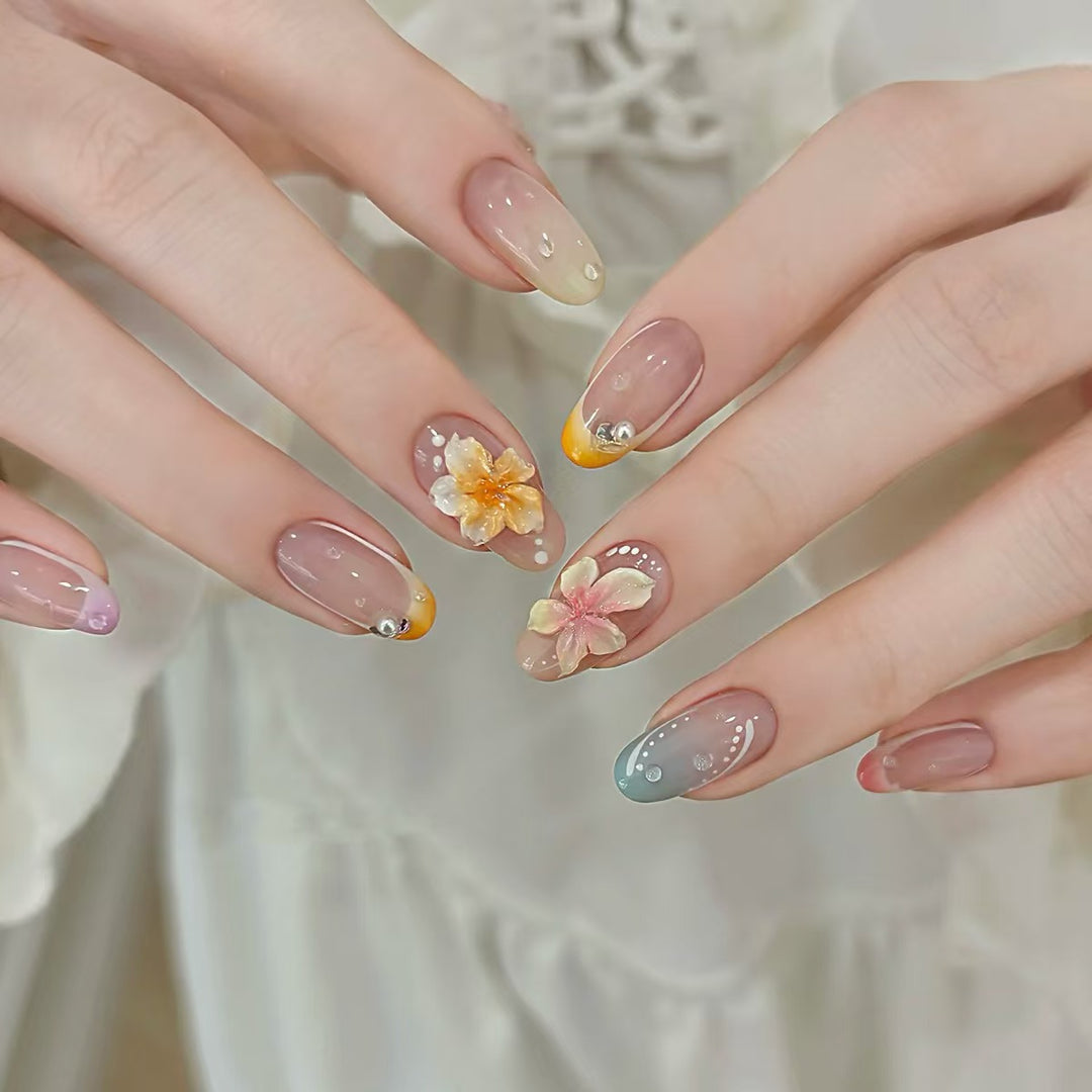 Artistic Press-On Nail Set with Floral and Ombré Designs Kalsten