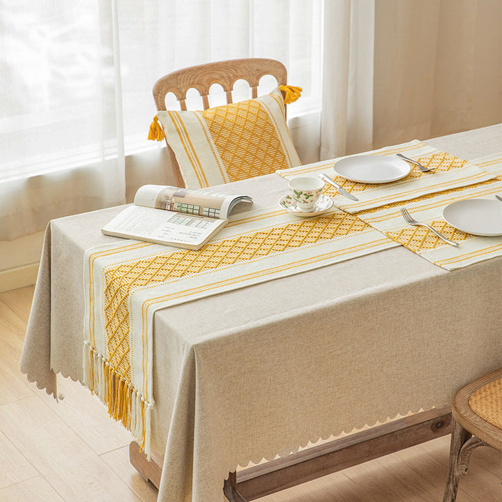 Handwoven cotton table runner with ethnic diamond pattern and fringes Kalsten