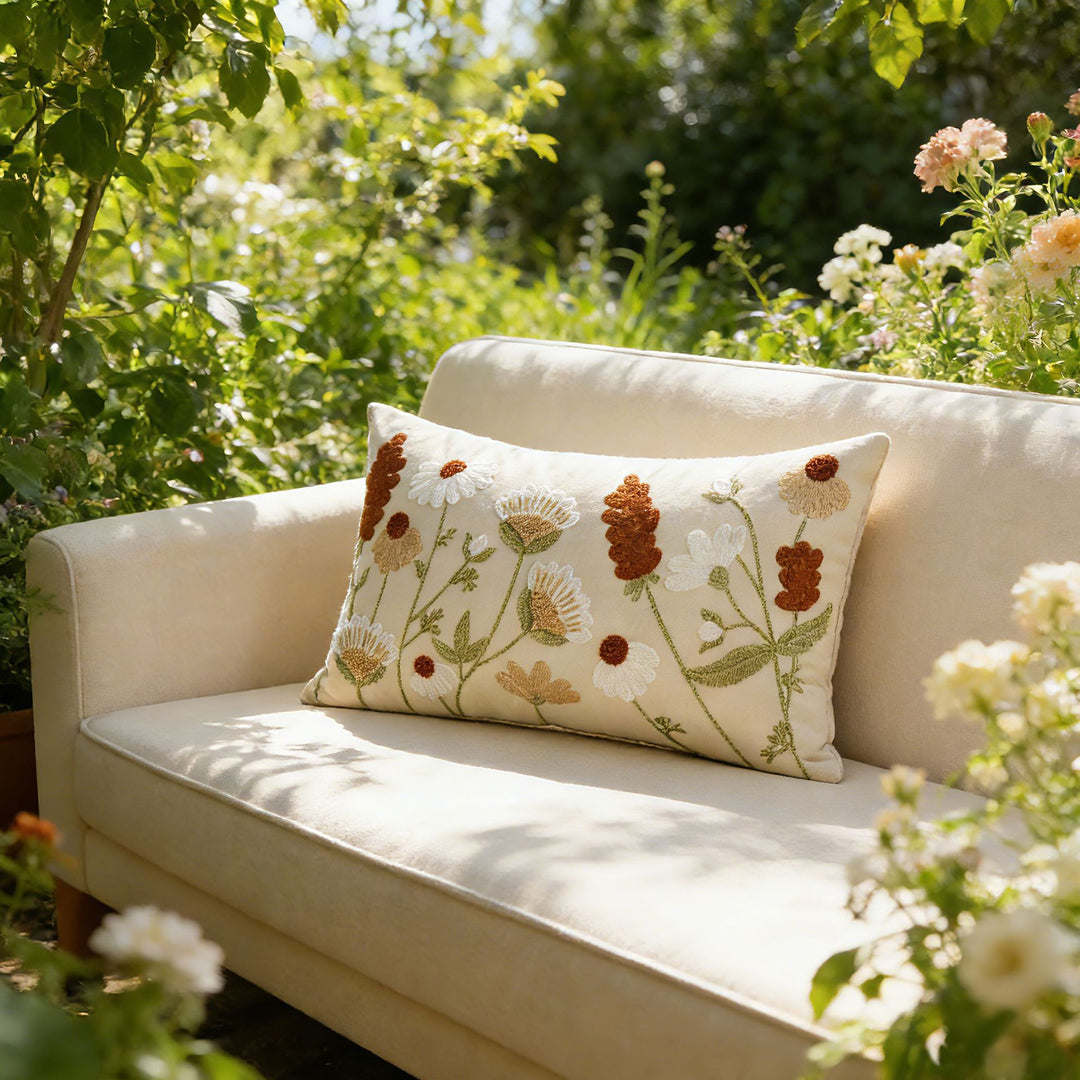 Decorative Square Embroidered Floral Tufted Linen Pillow Cover