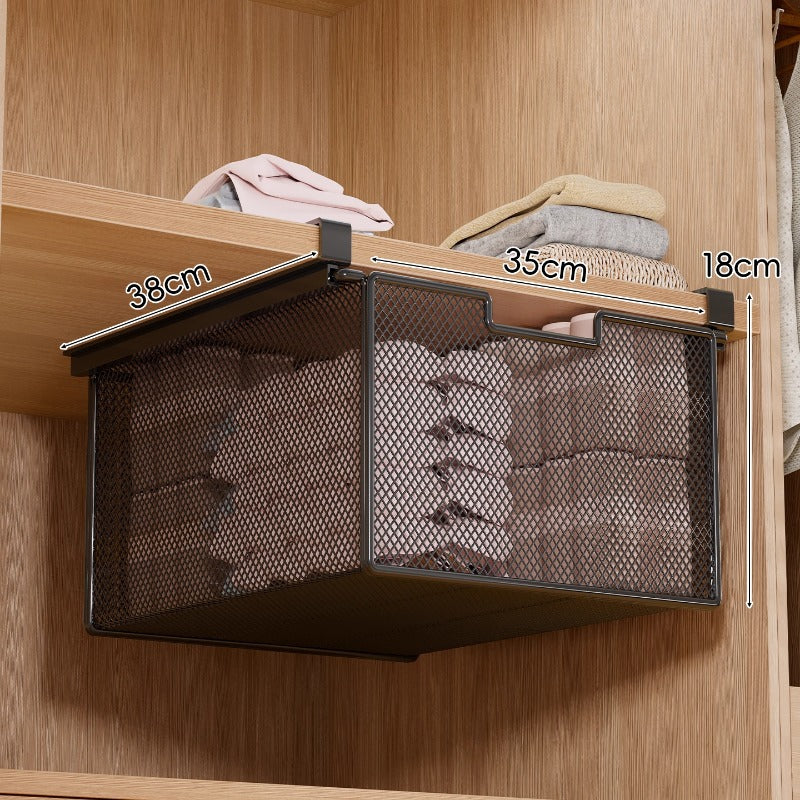Under-Shelf Pull-Out Metal Mesh Closet Basket Organizer with Clamp Rail