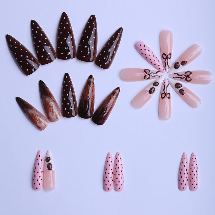 Elegant artificial nails with chocolate motifs and 3D elements Kalsten