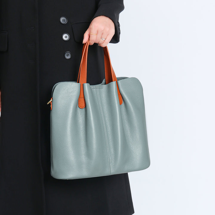 Soft-Grain Leather Ruched Shopper Tote with Contrast Short Handles
