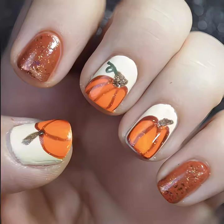 Festive Pumpkin-Themed Press-On Nail Art Kalsten