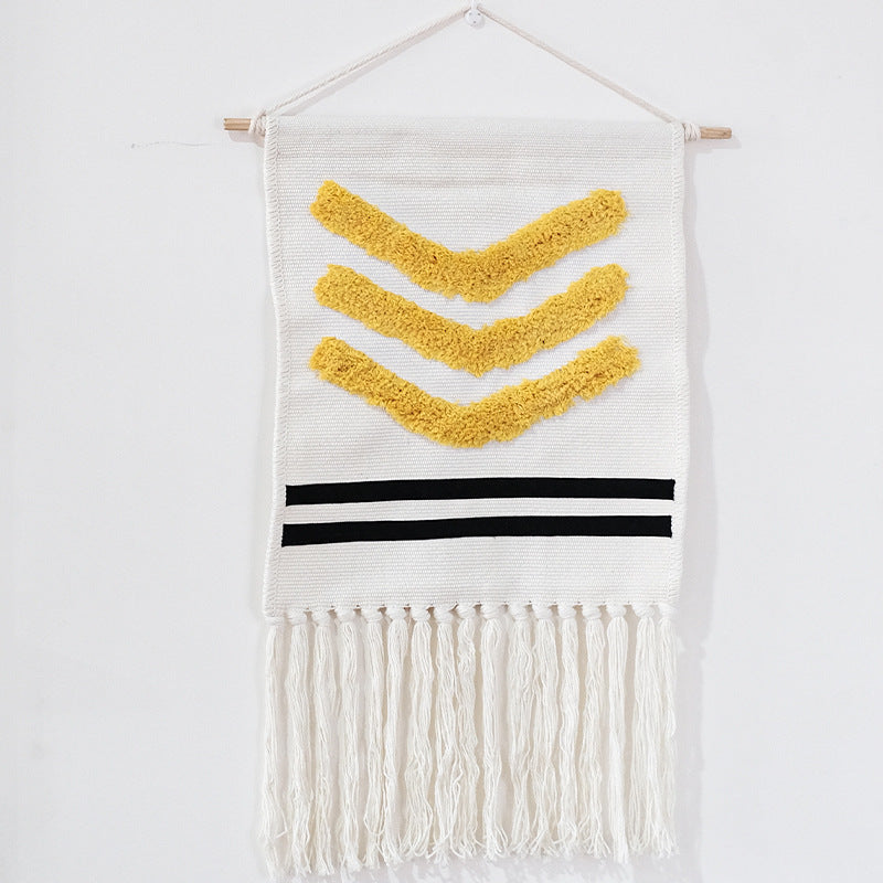 Hand-woven wall hanging and table runner made of cotton blend with geometric staircase pattern and long fringes Kalsten