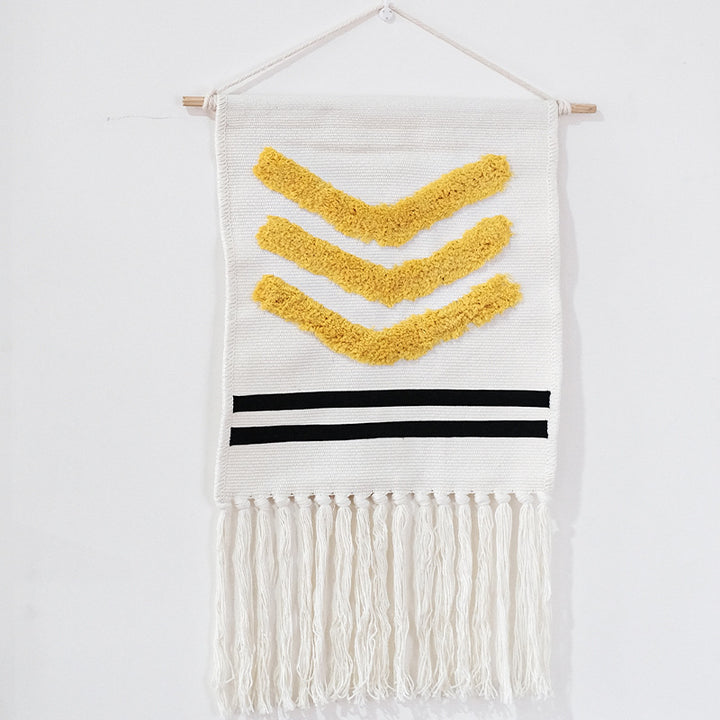 Hand-woven wall hanging and table runner made of cotton blend with geometric staircase pattern and long fringes Kalsten