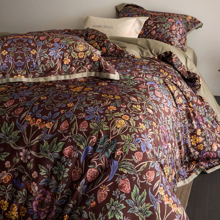 Luxurious satin bedding set with floral and berry design