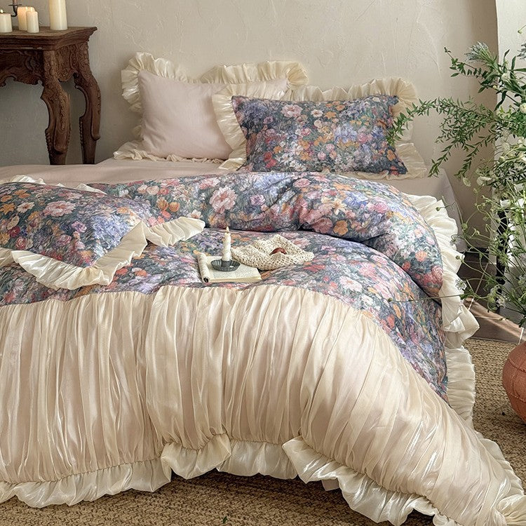 Floral bedding set with vintage painting print, ruffled pillow and gathered bedspread