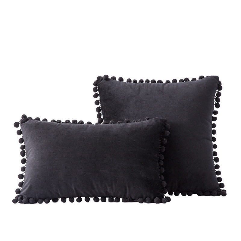 Velvet Pom-Pom Fringe Square and Lumbar Decorative Throw Pillow Set