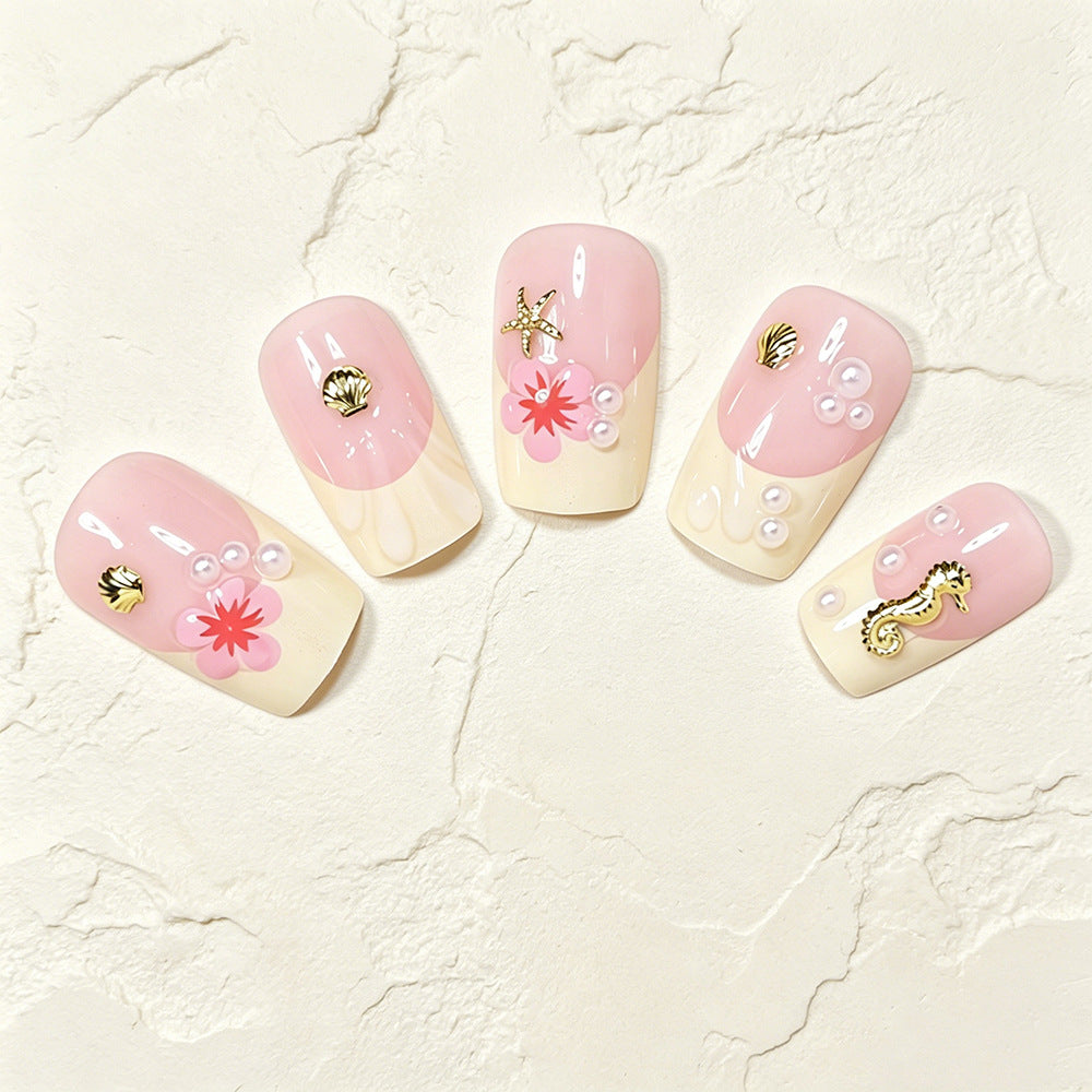 Tropical Shell and Flower Press-On Nail Art Kalsten
