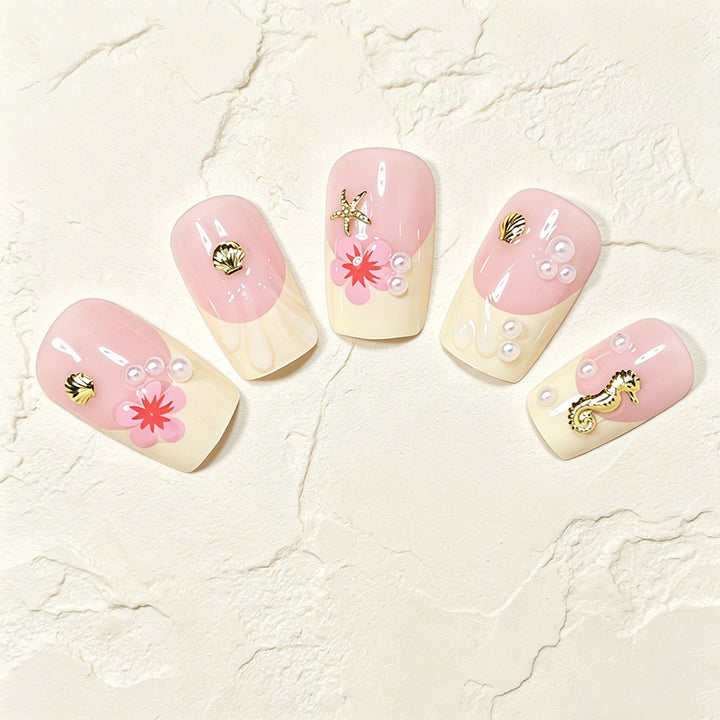 Tropical Shell and Flower Press-On Nail Art Kalsten