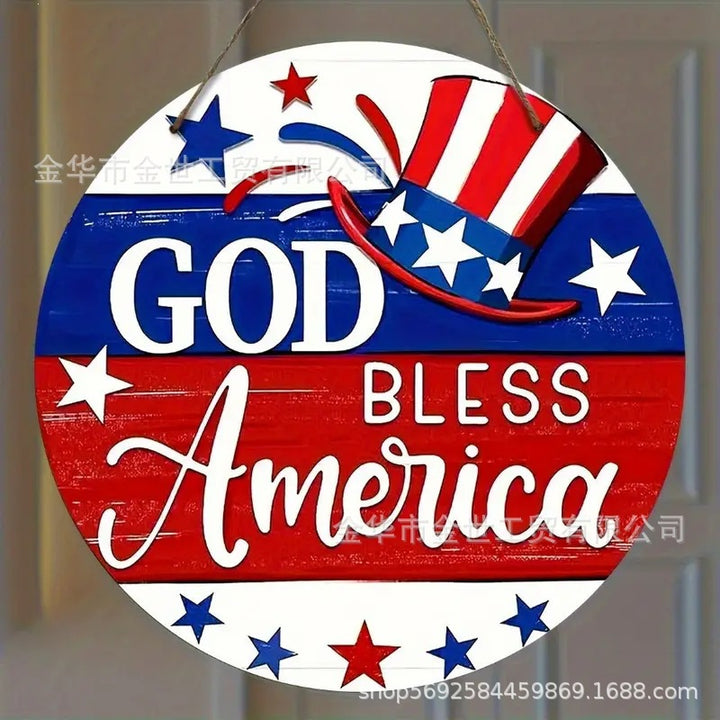 Independence Day rustic round wooden patriotic cross wall plaque with floral accents and God Bless America banner Kalsten