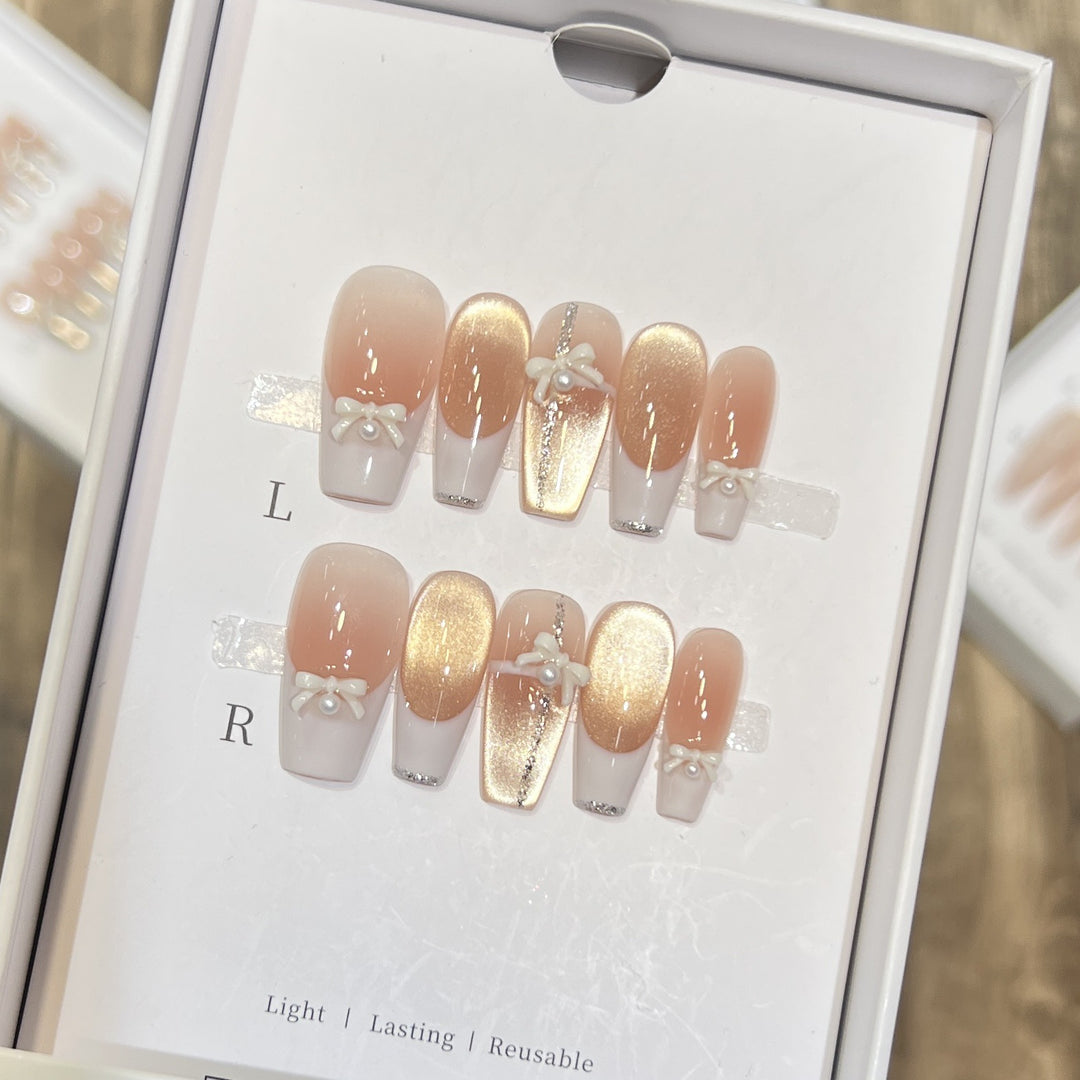 Elegant Reusable Press-On Nail Art Set with Pearl and Glitter Accents Kalsten