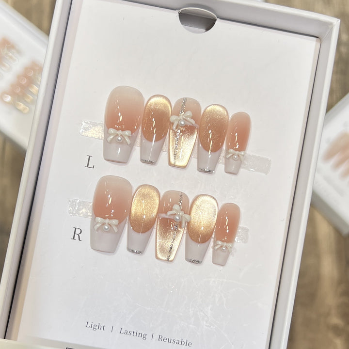 Elegant Reusable Press-On Nail Art Set with Pearl and Glitter Accents Kalsten
