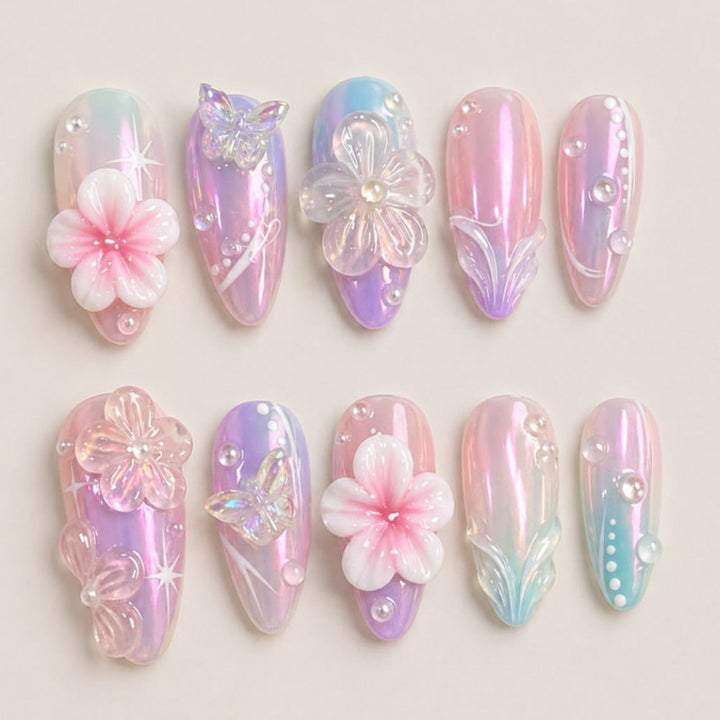 Artistic Press-On Nail Set with Floral Accents kalsten