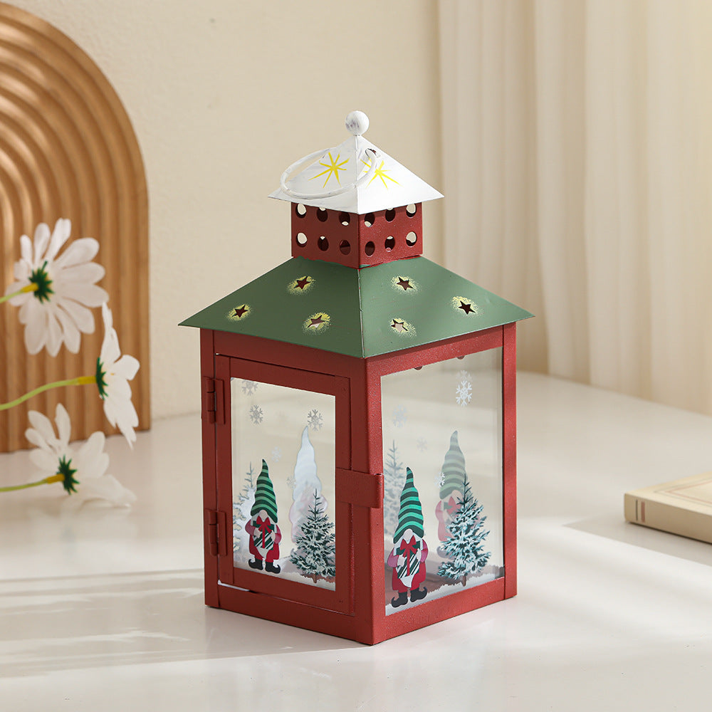 Decorative Holiday Tea Light Lantern with Glass Pane Gnome & Pine Motif Kalsten